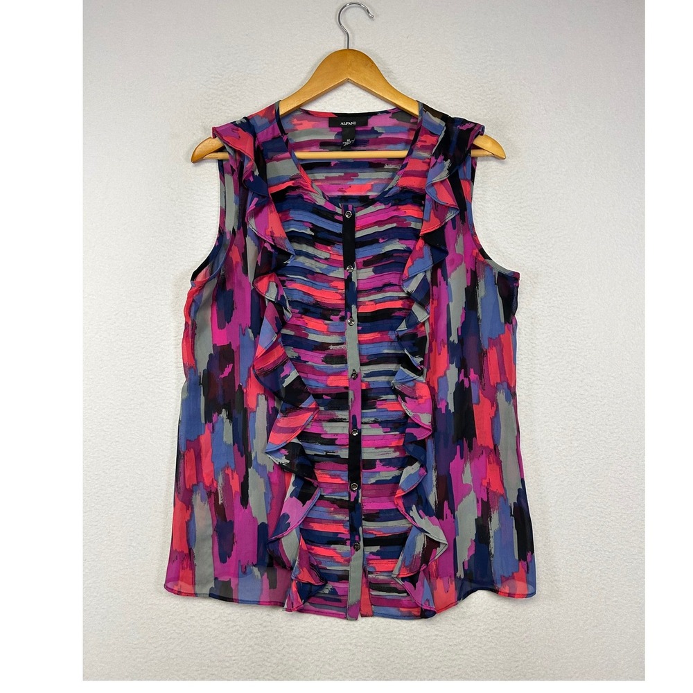 Abstract Watercolor Alfani Women 14 Pink Purple Ruffle Chiffon Sleeveless Blouse